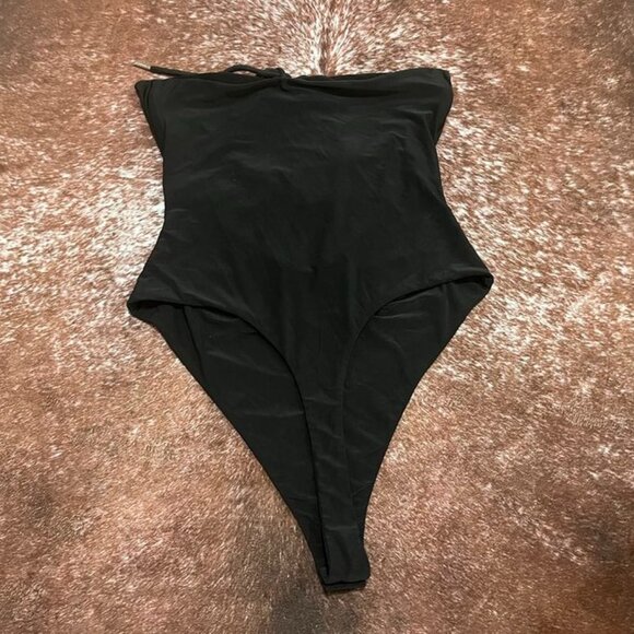 Naked Wardrobe Black Tie Front Bodysuit Stretch Knit One Piece L - Picture 3 of 10